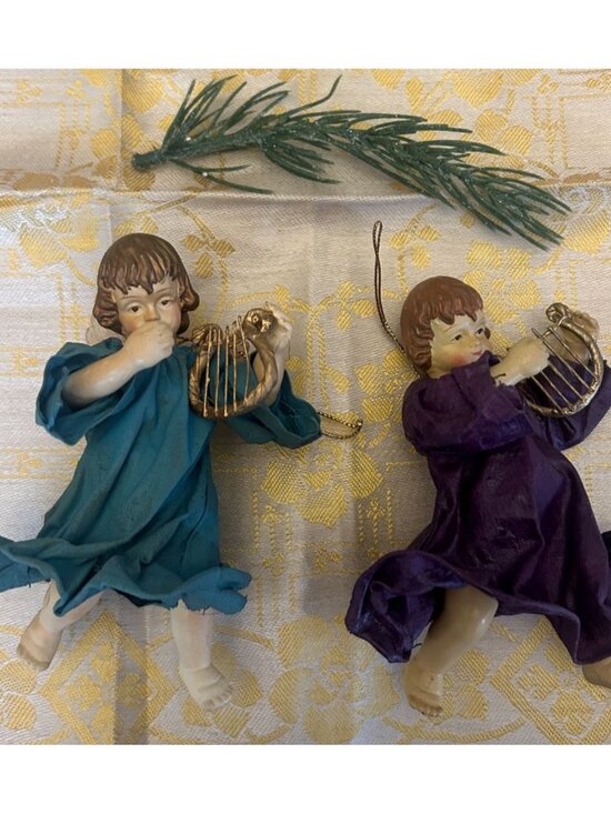 Set Of 2 Vintage Angel Christmas Ornaments Harps Renaissance Style Italy Paper M - Picture 1 of 7